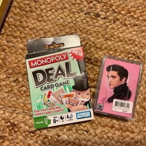 Two card games, Monopoly and Elvis